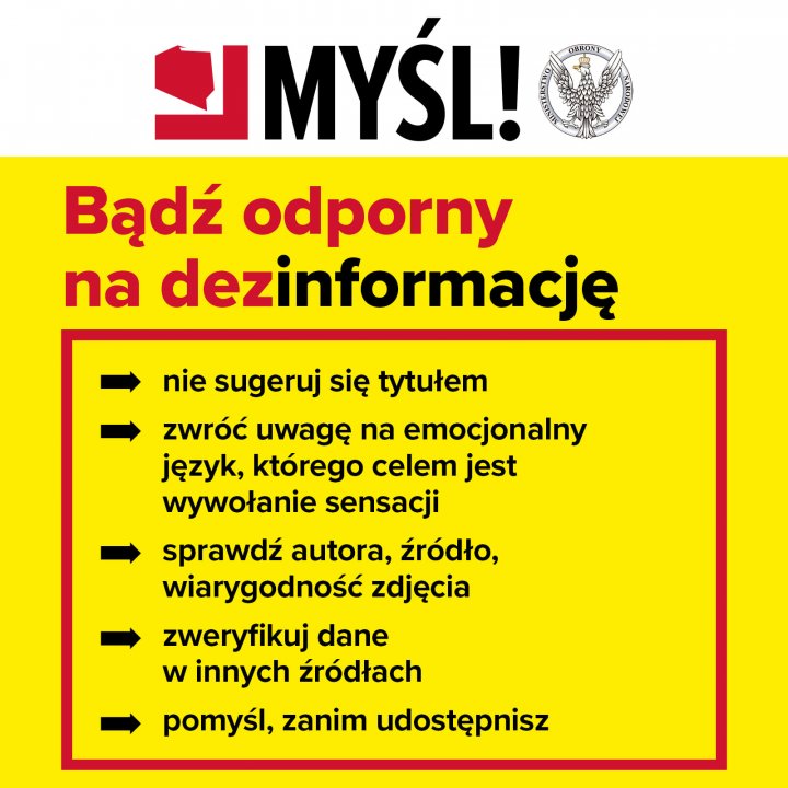 Może być zdjęciem przedstawiającym co najmniej jedna osoba i tekst „SIMYŚL! Bądź odporny na dezinformację nie sugeruj się tytułem zwróć uwagę na emocjonalny język, którego celem jest wywołanie sensacji sprawdź autora, źródło, wiarygodność zdjęcia zweryfikuj dane w innych źródłach pomyśl, zanim udostępnisz”
