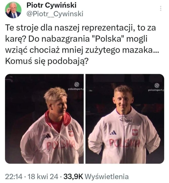 Może być zdjęciem przedstawiającym 3 osoby i tekst „Piotr Cywiński @Piotr__Cywinski Te stroje dla naszej reprezentacji, to za karę? Do nabazgrania "Polska" mogli wziąć chociaż mniej zużytego mazaka... Komuś się podobają? polsatsport polsatsport. 22:14 18 kwi 24 33,9 Wyświetlenia”