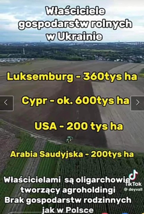 Może być zdjęciem przedstawiającym tekst „Właściciele gospodarstw rolnych w Ukrainie Luksemburg 360tys ha Cypr- -ok. 600tys ha USA 200 tys ha Arabia Saudyjska 200tys ha Właścicielami są oligarchowie TikTok tworzący agroholdingi deyvall Brak gospodarstw rodzinnych jak Polsce”