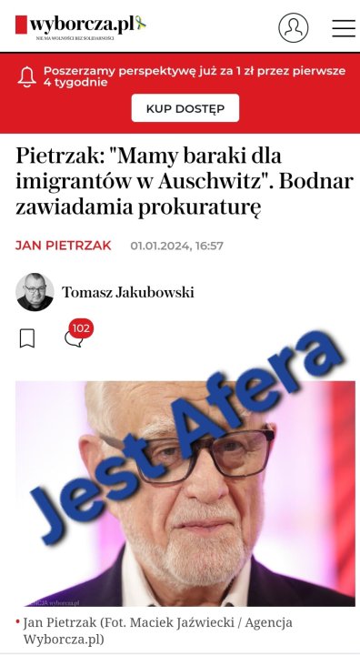 Może być zdjęciem przedstawiającym 2 osoby i tekst „wyborcza.plx NIE.MAW.OKBEZ.SKDANOG OLIDARNOŚCI Poszerzamy perspektywę już za zł przez pierwsze tygodnie KUP DOSTĘP Pietrzak: "Mamy baraki dla imigrantów w Auschwitz". Bodnar zawiadamia prokuraturę JAN PIETRZAK 01.01.2024, 16:57 Tomasz Jakubowski JestAjera 102 .Jan Pietrzak (Fot. Maciek Jaźwiecki/ Agencja Wyborcza.pl)”
