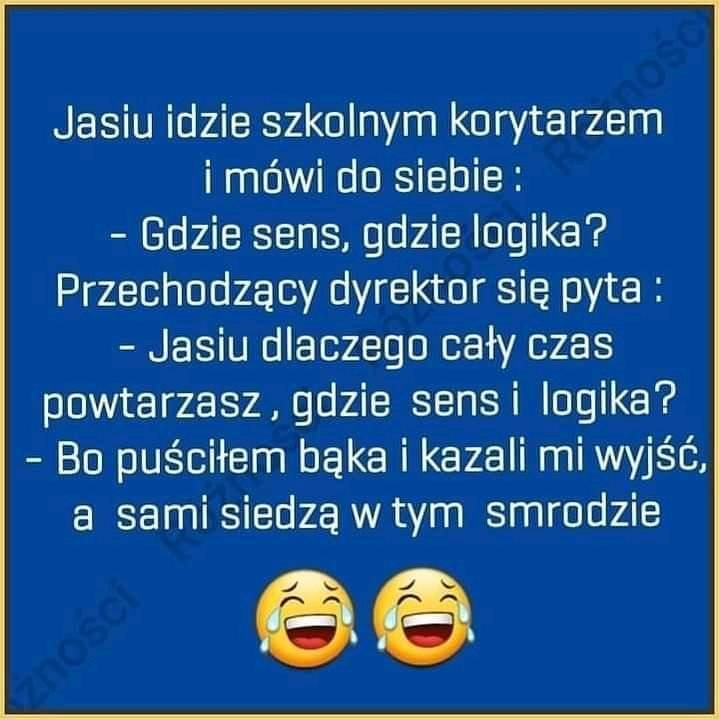 Może być zdjęciem przedstawiającym tekst „Jasiu idzie szkolnym korytarzem i mówi do siebie: -Gdzie sens, gdzie logika? Przechodzący dyrektor się pyta: -Jasiu dlaczego cały czas powtarzasz gdzie sens i logika? -Bo puściłem bÄka i kazali mi wyjść, a sami siedzą w tym smrodzie”