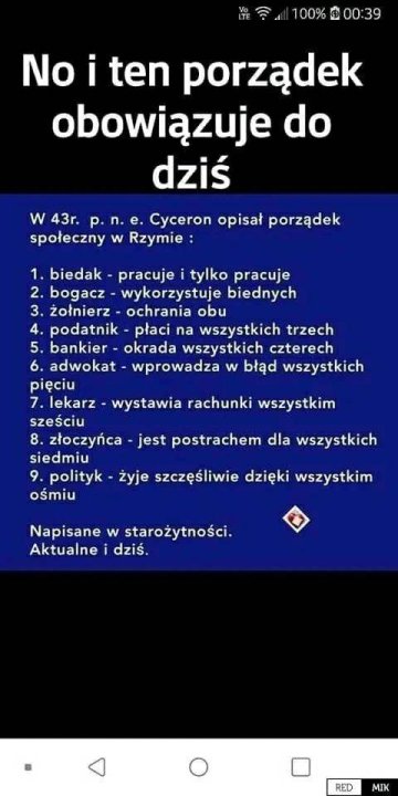 Może być zdjęciem przedstawiającym tekst „100% 00:39 No i ten porządek obowiązuje do dziś w 43r. Cyceron opisał porządek społeczny w Rzymie 1. biedak- pracuje tylko pracuje 2. bogacz- wykorzystuje biednych żołnierz ochrania obu podatnik płaci na wszystkich trzech 5. bankier okrada wszystkich czterech 6. adwokat wprowadza w błąd wszystkich pięciu 7. lekarz wystawia rachunki wszystkim sześciu 8. złoczyńca jest postrachem dla wszystkich siedmiu 9. polityk żyje szczęśliwie dzięki wszystkim ośmiu Napisane w starożytności. Aktualne dziś. RED”