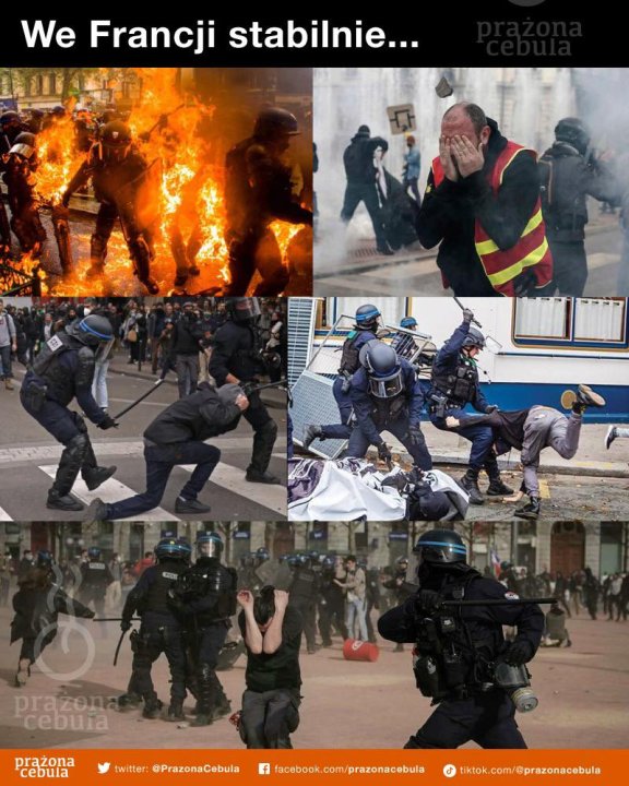 Może być zdjęciem przedstawiającym 8 osób i tekst „We Francji stabilnie... prażona cebuia prażona cebula @PrazonaCebula f facebook.com/prazonacebula tiktok.com/@prazonacebula”