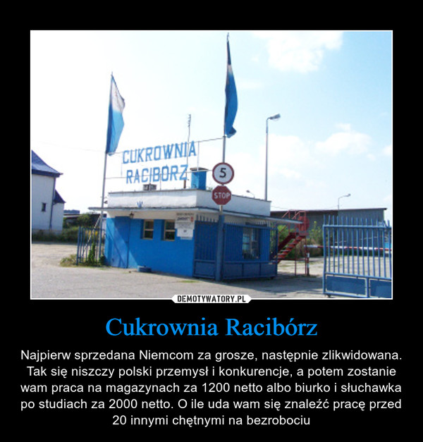 Cukrownia RacibÃ³rz â Najpierw sprzedana Niemcom za grosze, nastÄpnie zlikwidowana. Tak siÄ niszczy polski przemysÅ i konkurencje, a potem zostanie wam praca na magazynach za 1200 netto albo biurko i sÅuchawka po studiach za 2000 netto. O ile uda wam siÄ znaleÅºÄ pracÄ przed 20 innymi chÄtnymi na bezrobociu