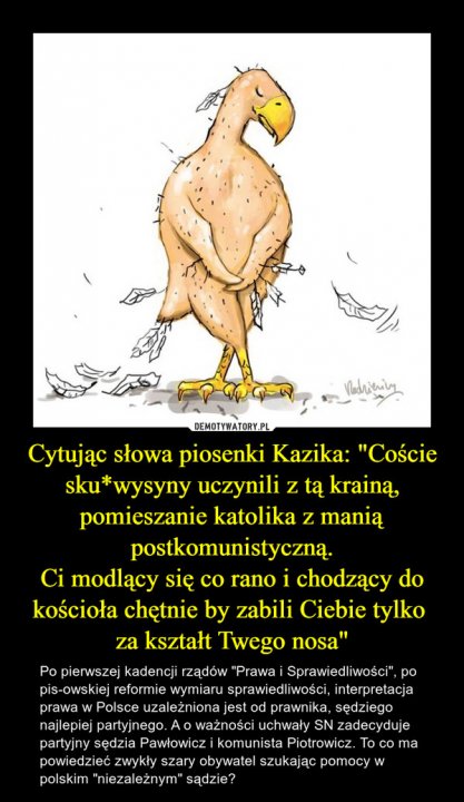 Cytując słowa piosenki Kazika: "Coście sku*wysyny uczynili z tą krainą, pomieszanie katolika z manią postkomunistyczną.Ci modlący się co rano i chodzący do kościoła chętnie by zabili Ciebie tylko za kształt Twego nosa" – Po pierwszej kadencji rządów "Prawa i Sprawiedliwości", po pis-owskiej reformie wymiaru sprawiedliwości, interpretacja prawa w Polsce uzależniona jest od prawnika, sędziego najlepiej partyjnego. A o ważności uchwały SN zadecyduje partyjny sędzia Pawłowicz i komunista Piotrowicz. To co ma powiedzieć zwykły szary obywatel szukając pomocy w polskim "niezależnym" sądzie?