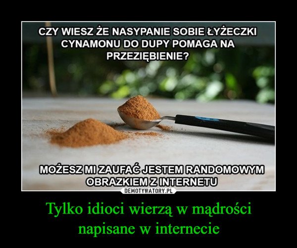 Tylko idioci wierzą w mądrościnapisane w internecie –  CZY WIESZ ŻE NASYPANIE SOBIE ŁYŻECZKICYNAMONU DO DUPY POMAGA NAPRZEZIĘBIENIE?MOŻESZ MIZAUFAĆ JESTEM RANDOMOWYMOBRAZKIEM Z INTERNETU
