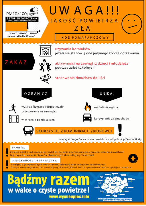 Może być zdjęciem przedstawiającym tekst „PM10> PM10>100μg/m² 2STOPIEŃZAGROŻENIA AWECESECZNEMFOWETRZA 50ppn2 150pg/m stężenie pylów M1 [ug/m") UW AGA!!! JAKOŚĆ POWIETRZA ZŁA KODPOMARAŃCZOWY ZAKAZ używania kominków jeżeli nie stanowią one jedynego ródła ogrzewania aktywności na zewnątrz dzieci młodzieży podczas zajęć szkolnych stosowania dmuchaw do liÅci OGRANICZ UNIKAJ wysiłek fizyczny długotrwałe przebywanie na zewnątrz wietrzenie pomieszczeń rozpalania ognisk korzystania samochodu SKORZYSTAJ ZKOMUNIKACJI ZBIOROWEJ PAMIĘTAJ ZwiÄksz więcej szczegółów www.powietrzemlopolska.p/komunikaty WWW osobami przewlekle chorymi śledż ledźinformacje zanieczyszczeni skonsultuj sięzlekarzem! etrza! MIESZKAŃCU GRUPY RYZYKA przyj maseczki oczyszczacze powietrzał Osoby dczuwać objawy duszność, kaszel Bądźmy razem w walce o czyste powietrze! www.wymienpiec.info”