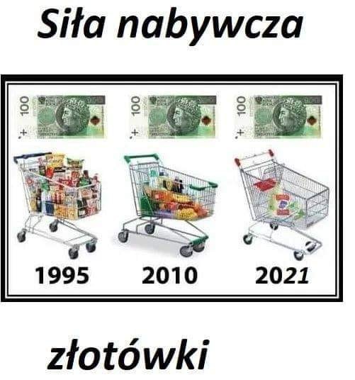 Może być zdjęciem przedstawiającym tekst „Siła nabywcza 100 原利物 100 100 1995 2010 2021 złotówki”