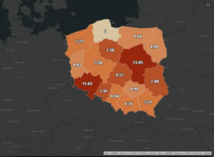 Liczba potwierdzonych przypadków koronawirusa w województwach na 100 tys. mieszkańców