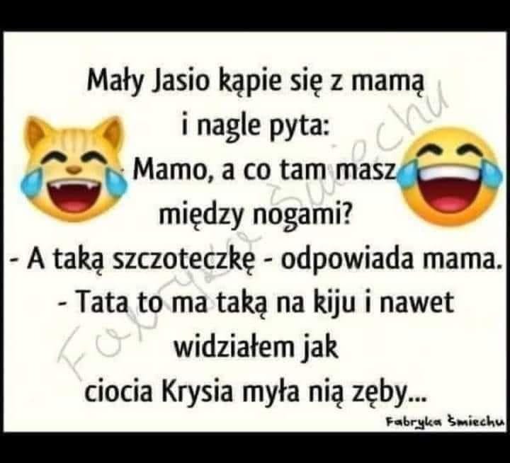Może być zdjęciem przedstawiającym tekst „Mały Jasio kÄpie się z mamą i nagle pyta: Mamo, a co tam masz między nogami? -A taką szczoteczkę odpowiada mama. -Tata to ma taką na kiju i nawet widziałem jak ciocia Krysia myła nią zęby... Fabryke Śmiechu”