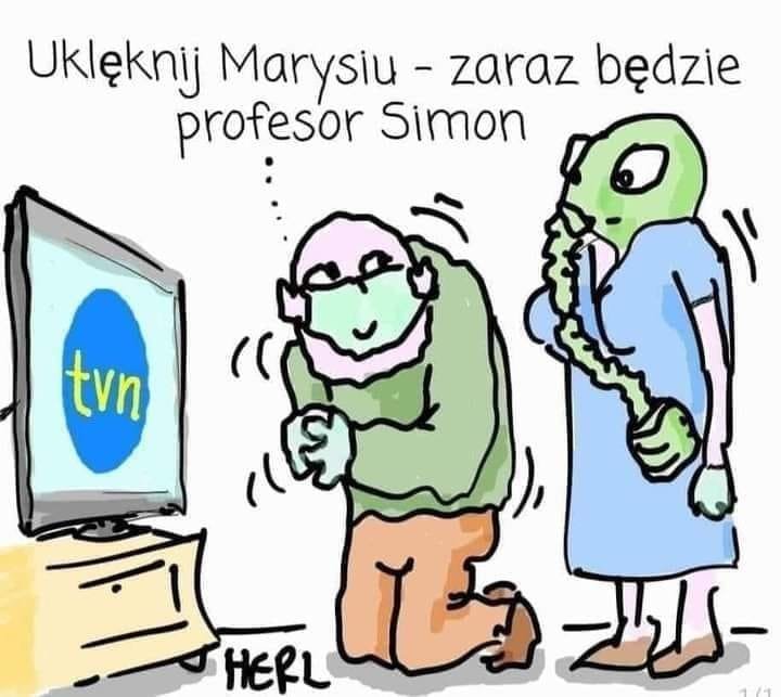 Może być komiksem przedstawiającym tekst „Uklęknij Marysiu zaraz będzie profesor Simon tvn HERL -T”