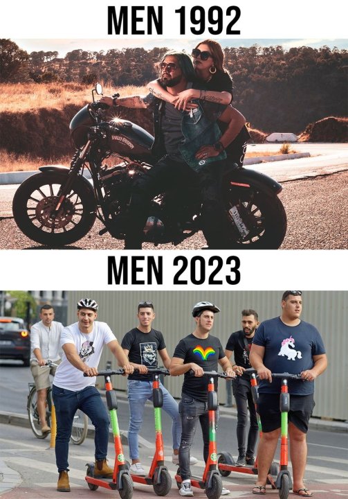 Może być zdjęciem przedstawiającym 8 osób, skuter, motocykl, segway i tekst „MEN 1992 HARLEY-DAVIDSON HARLEY DAVIDSON A MEN 2023”