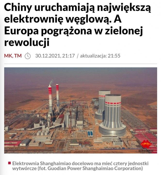 Może być zdjęciem przedstawiającym tekst „Chiny uruchamiają największą elektrownię wÄglowÄ. A Europa pogrążona w zielonej rewolucji mK, TM 30.12.2021,21:17 30.12.2021, aktualizacja: 21:55 Elektrownia Shanghaimiao docelowo ma mieć cztery jednostki wytwórcze (fot. Guodian Power Shanghaimiao Corporation)”