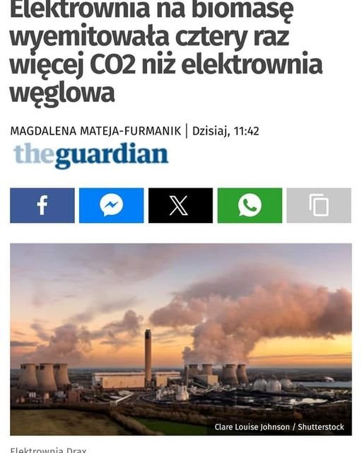Może być zdjęciem przedstawiającym tekst „Elektrownia na blomasę wyemitowałą cztery raz więcej CO2 niż elektrownia węglowa MAGDALENA MATEJA-FURMANIK theguardian Dzisiaj, 11:42 f X O i Clare ClareLouise)hnson/Shuterstock Louise ClareLouiseJohnson/Shtterstock Johnson Shutterstock”