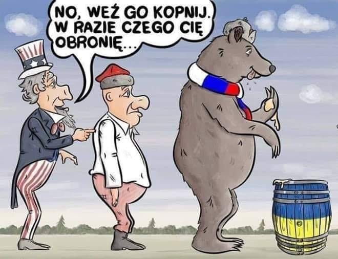 Może być komiksem przedstawiającym stoi i tekst „NO, WEŻ GO KOPNIJ. W RAZIE CZEGO CIĘ OBRONIĘ..”