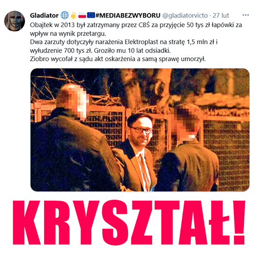 Może być zdjęciem przedstawiającym 2 osoby i tekst „Gladiator #MEDIABEZWYBORU @gladiatorvicto 27 lut Obajtek 2013 był zatrzymany przez CBŚ za przyjęcie 50 tys zł łapówki za wpływ na wynik przetargu. Dwa zarzuty dotyczyły narażenia Elektroplast na stratę™ 1,5 mln złi wyłudzenie 700 tys zł. Groziło mu 10 lat odsiadki. Ziobro wycofał z sądu akt oskarżenia a samą sprawę umorzył. KRYSZTAŁ!”