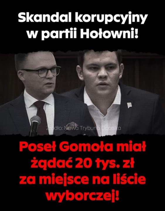 Może być zdjęciem przedstawiającym 2 osoby i tekst „Skandal korupcyjny w partii Hołowni! dło: Poseł Gomoła miał żądać 20 tys. zł za za miejsce na liÅcie wyborczej!”