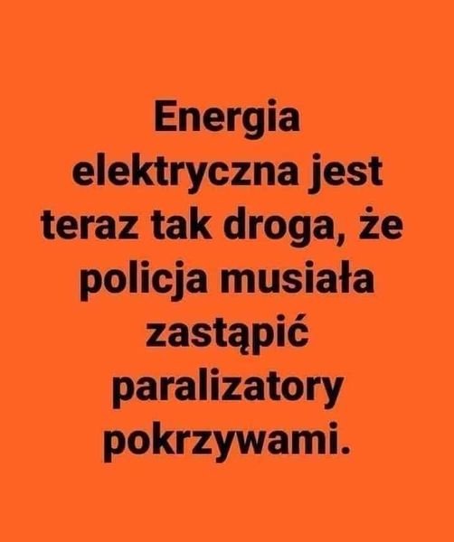 Może być zdjęciem przedstawiającym co najmniej jedna osoba i tekst „Energia elektryczna jest teraz tak droga, że policja musiała zastąpić paralizatory pokrzywami.”