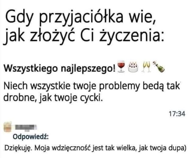 Może być zdjęciem przedstawiającym tekst „Gdy przyjaciółka wie, jak złożyć Ci życzenia: Wszystkiego najlepszego! Niech wszystkie twoje problemy bedą tak drobne, jak twoje cycki. 17:34 Odpowiedź: Dziękuję. Moja wdzięczność jest tak wielka, jak twoja dupa)”
