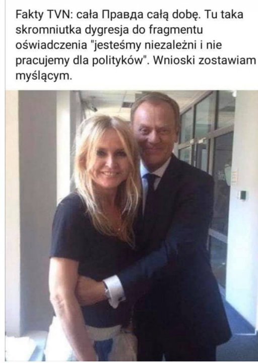 Obraz może zawierać: 2 osoby, ludzie stoją, prawdopodobnie tekst, który brzmi „Fakty TVN: cała npaBAa całą dobę. Tu taka skromniutka dygresja do fragmentu oświadczenia "jesteśmy niezależni i nie pracujemy dla polityków". Wnioski zostawiam myślącym.”