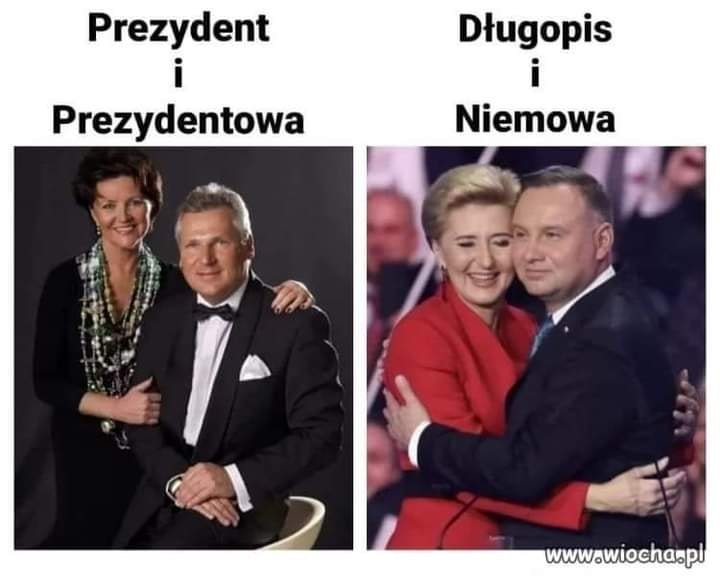 Może być memem przedstawiającym 5 osób i tekst „Prezydent i Prezydentowa Długopis i Niemowa www.wiocha.pl”