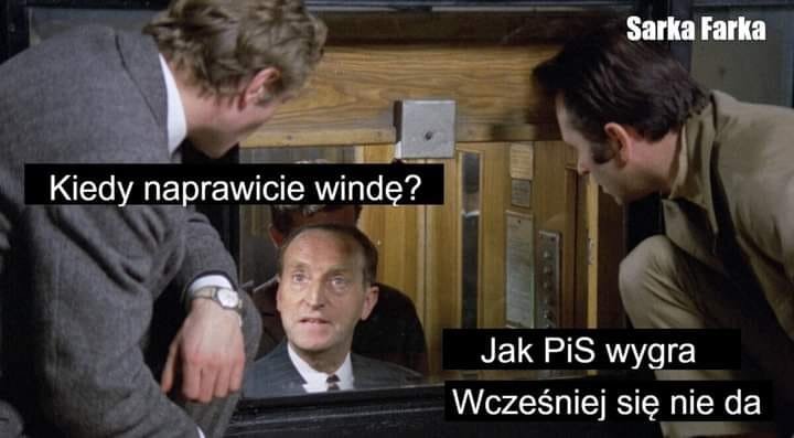 Może być zdjęciem przedstawiającym 3 osoby i tekst „Sarka Farka Kiedy naprawicie windę? Jak PiS wygra Wcześniej się nie da”