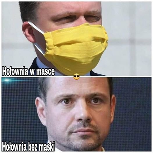 Obraz może zawierać: 2 osoby, zbliżenie, tekst „Hołownia W masce Hołownia bez maski”