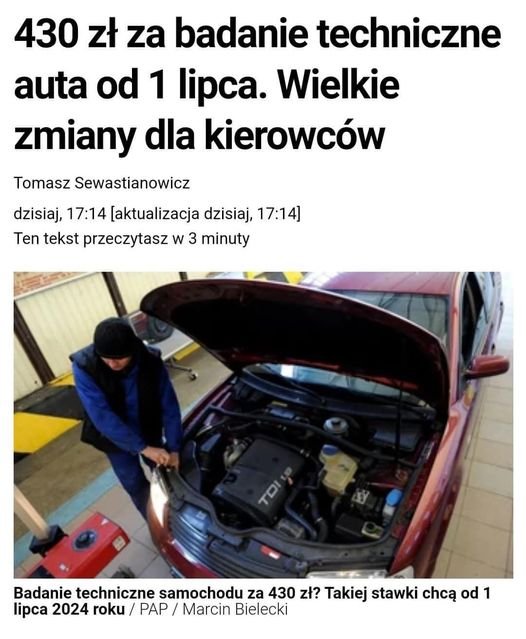 Może być zdjęciem przedstawiającym 1 osoba, samochód i tekst „430 zł za badanie techniczne auta od 1 lipca. Wielkie zmiany dla kierowców Tomasz Sewastianowicz dzisiaj, 17:14 [aktualizacja dzisiaj, 17:14] Ten tekst przeczytasz w 3 minuty Badanie techniczne samochodu za 430 zł? Takiej stawki chcą od 1 lipca 2024 a2024roku/PAP/ roku PAP /MarcinE Bielecki”