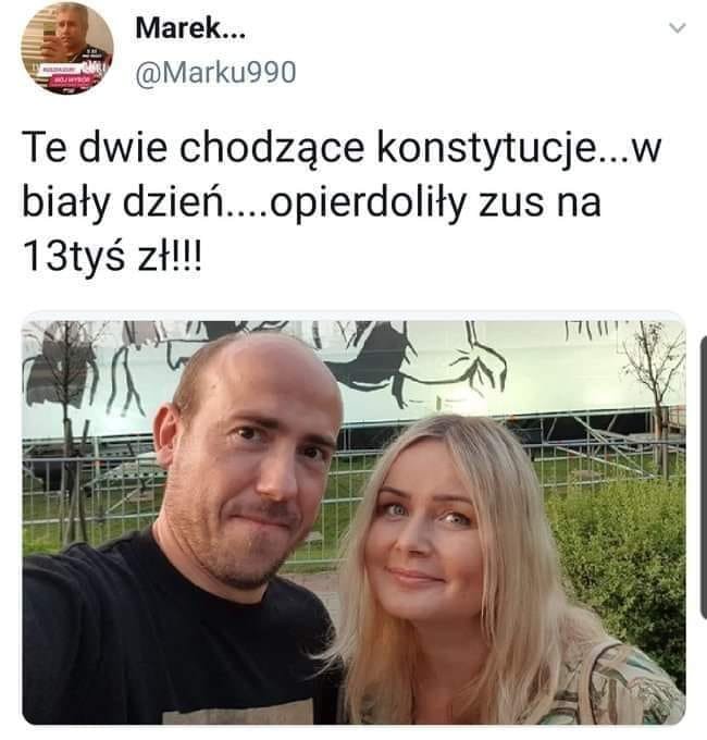 Może być zdjęciem przedstawiającym 3 osoby i tekst „Marek... @Marku990 Te dwie chodzące konstytucje...w biały dzień....opierdoliły zus na 13tyś zł!!!”