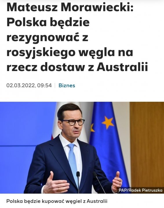 Może być zdjęciem przedstawiającym 1 osoba, stoi i tekst „Mateusz Morawiecki: Polska będzie rezygnować z rosyjskiego węgla na rzecz dostaw z Australii 02.03.2022, 09:54 Biznes Polska będzie kupować węgiel z Australii PAP/ Radek Pietruszka”