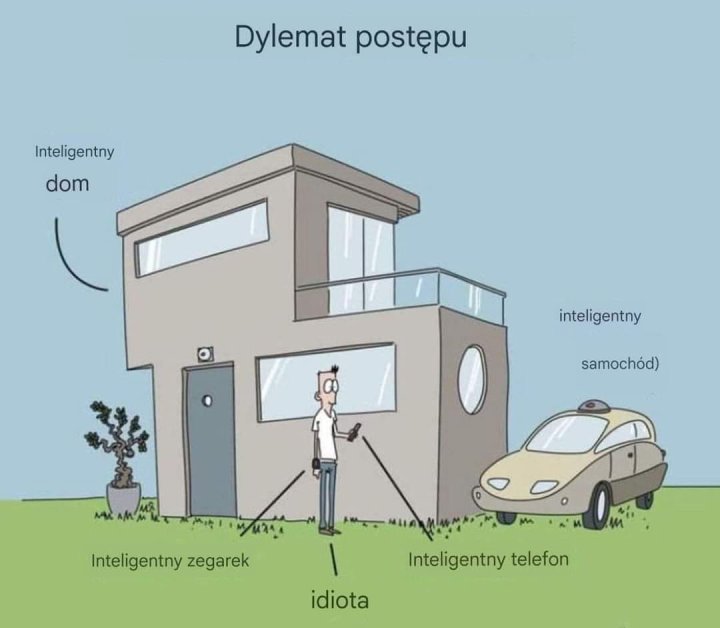 Może być zdjęciem przedstawiającym tekst „Dylemat postępu Inteligentny dom inteligentny samochód) Inteligentny zegarek Inteligentny telefon idiota”