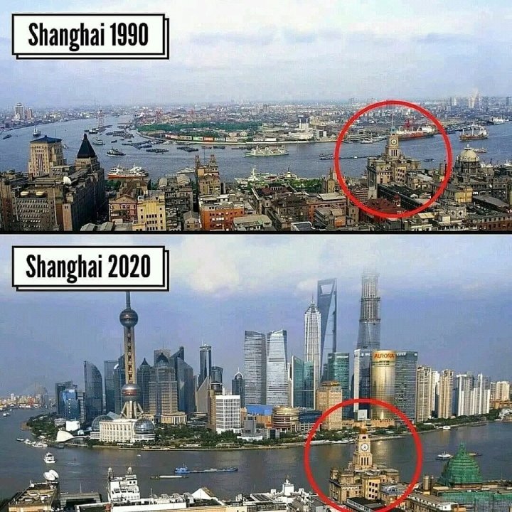 Może być zdjęciem przedstawiającym drapacz chmur i tekst „Shanghai 1990 Shanghai 2020”