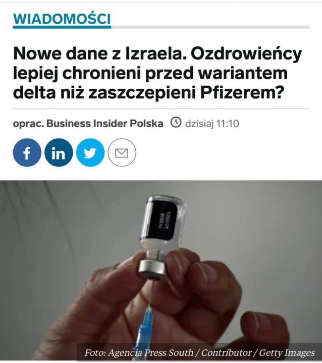 Może być zdjęciem przedstawiającym tekst „WIADOMOŚCI Nowe dane z Izraela. Ozdrowieńcy lepiej chronieni przed wariantem delta niż zaszczepieni Pfizerem? oprac. Business Insider Polska f dzisiaj 11:10 F. Getty Images Agencia Press South”