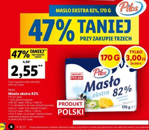 Masło Ekstra 82% PILOS, w opakowaniu 170g ( w cenie 3zł za 200g ). LIDL -  Pepper.pl