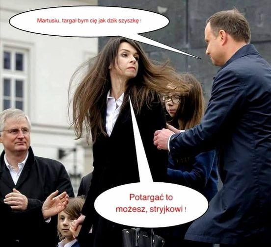 Może być zdjęciem przedstawiającym 4 osoby, ludzie stoją i tekst „Martusiu, targal bym cię jak dzik szyszkÄ Potargać to możesz, stryjkowi!”