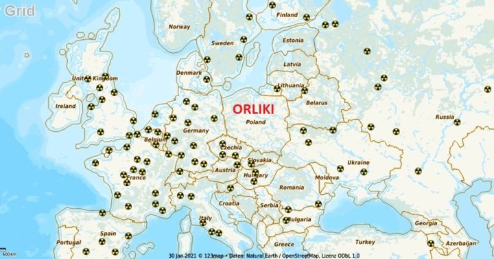 Może być zdjęciem przedstawiającym mapa i tekst „Grid Norway Finland Sweden Estonia Unit Kingaom R Denmark Ireland Latvia dithuania Belarus ORLIKI Poland Germany Ezechia rance Russia Austria Slovakia Huiiya Ukraine + Moldova Romania Croatia Spain 600km Portugal Serbia 스콩보 gulgaria 30 Greece ต.2021 o 123p- Daten: Natural Earth/ OpenStreetMap, Lizenz ODbL 1.0 Georgia Turkey Azerbaijan”