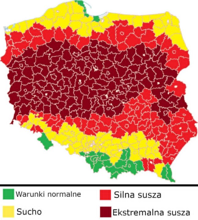 Może być zdjęciem przedstawiającym mapa i tekst „Warunki normalne normane Sucho Silna susza Ekstremalna susza”
