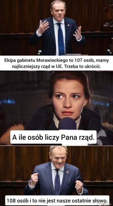 Może być zdjęciem przedstawiającym 3 osoby i tekst „Ekipa gabinetu Morawieckiego to 107 osób, mamy najliczniejszy rząd w UE. Trzeba to ukrócić. A ile osób liczy Pana rząd. 108óios.nasanieslowo. nie osób to nasze ostatnie słowo”
