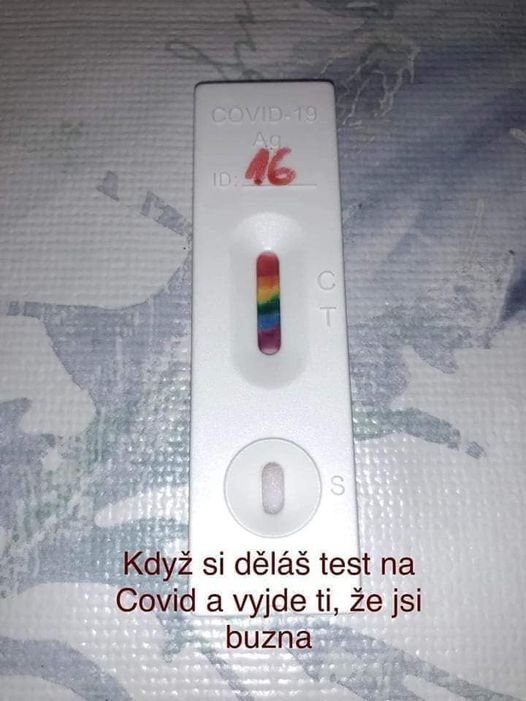 Może być zdjęciem przedstawiającym tekst „COVID-19 Age ID: 16 0 Když si déláš test na Covid a vyjde ti, že jsi buzna”