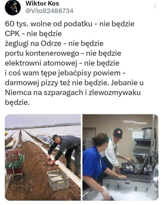 Może być zdjęciem przedstawiającym 3 osoby i tekst „Wiktor Kos @Vito82488734 60 tys. wolne od podatku nie będzie CPK nie będzie żeglugi na Odrze- nie będzie portu kontenerowego nie będzie elektrowni atomowej nie będzie i coś wam tępe jebaćpisy powiem- darmowej pizzy też nie będzie. Jebanie u Niemca na szparagach zlewozmywaku będzie.”