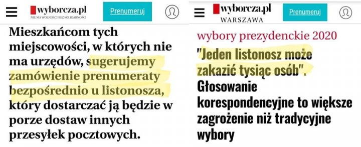 Obraz może zawierać: tekst „wyborcza.pl Prenumeruj Prenumeruj Mieszkańcom tych miejscowości, w których nie ma urzędów, sugerujemy zamówienie prenumeraty bezpośrednio u listonosza, który dostarczać ją będzie w porze dostaw innych przesyłek pocztowych. wyborcza.pl WARSZAWA wybory prezydenckie 2020 "Jeden listonosz może zakazić tysiąc osób" Głosowanie korespondencyjne to większe zagrożenie niż tradycyjne wybory”