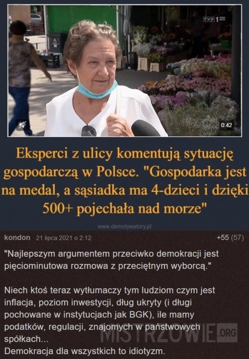 Może być zdjęciem przedstawiającym 1 osoba i tekst „0:42 Eksperci z ulicy komentują sytuację gospodarczą W Polsce "Gospodarka jest na medal, a sąsiadka ma 4-dzieci i dzięki 500+ pojechała nad morze" kondon +55 "Najlepszym argumentem przeciwko demokracji jest pięciominutowa rozmowa z przeciętnym wyborcą." Niech ktoś teraz wytłumaczy tym ludziom czym jest inflacja, poziom inwestycji, dług ukryty (i długi pochowane w instytucjach jak BGK), ile mamy podatków, regulacji, znajomych w państwowych spółkach... Demokracja dla wszystkich to idiotyzm.”