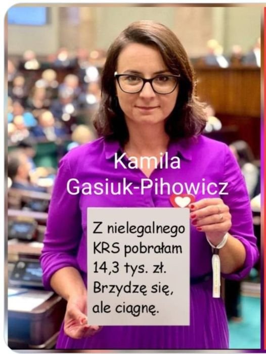 Może być zdjęciem przedstawiającym 1 osoba i tekst „Kamila Gasiuk-Pihowicz - z nielegalnego KRS pobrałam 14,3 tys. zł. Brzydzę się, ale ciągnę.”