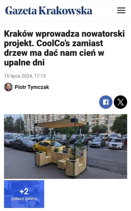 Może być zdjęciem przedstawiającym 1 osoba i tekst „Gazeta Krakowska Kraków wprowadza nowatorski projekt. CoolCo's zamiast drzew ma dać nam cień w upalne dni 15 lipca 2024, 17:13 Piotr Tymczak f นิานนงทา THT +2 Zobacz Zobaczgalerię galerię”