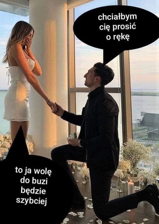 Może być zdjęciem przedstawiającym 2 osoby i tekst „chciałbym cię prosić o rękę to ja wolę do buzi będzie szybciej”