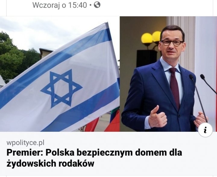 Może być zdjęciem przedstawiającym co najmniej jedna osoba, ludzie stoją i tekst „Wczoraj o 15:40 i wpolityce.pl Premier: Polska bezpiecznym domem dla żydowskich rodaków”