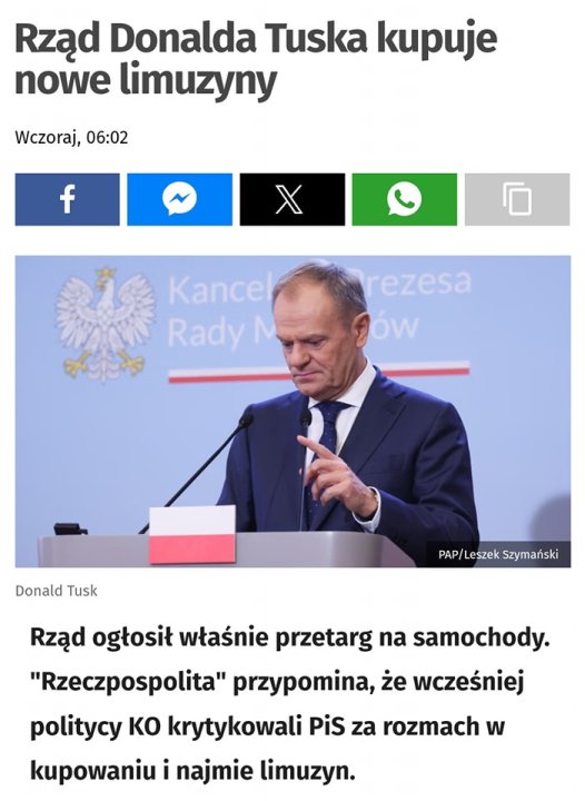 Może być zdjęciem przedstawiającym 1 osoba i tekst „Rząd Donalda Tuska kupuje nowe limuzyny Wczoraj, 06:02 f Kancelrezesa Kancel Rady M ow Donald Tusk PAP/Leszek Szymański Rząd ogłosił właśnie przetarg na samochody. "Rzeczpospolita" przypomina, że wcześniej politycy KO krytykowali PiS za rozmach w kupowaniu i najmie limuzyn.”