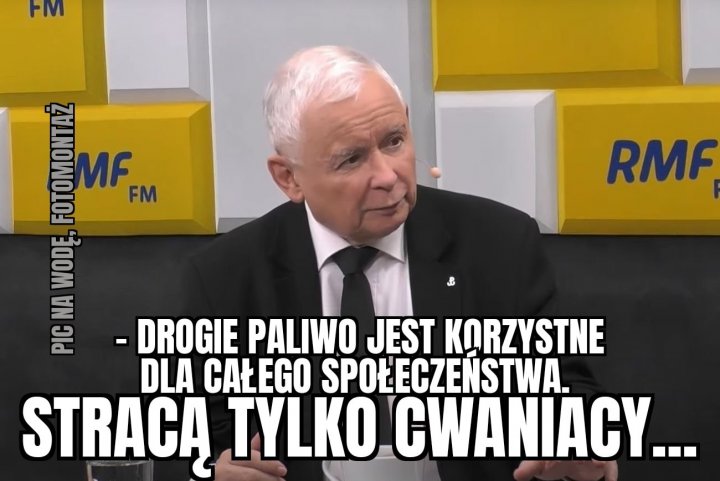 Może być zdjęciem przedstawiającym 1 osoba i tekst „FM RMF TOMONT MF FM WODĘ PRRHA I PIG DROGIE PALIWO JEST KORZYSTNE DLA CAŁEGO SPOŁECZEŃSTWA. STRACĄ TYLKO CWANIACY...”
