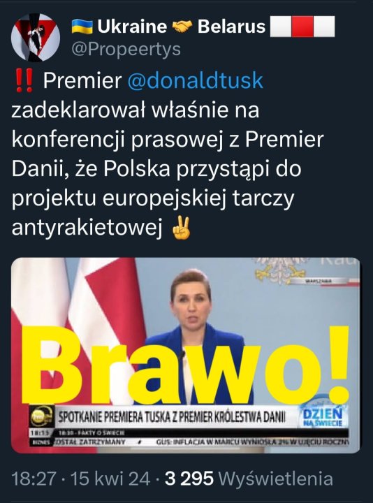Może być zdjęciem przedstawiającym 1 osoba i tekst „Belarus Ukraine @Propeertys Premier @donaldtusk zadeklarował właśnie na konferencji prasowej Z Premier Danii, że Polska przystąpi do projektu europejskiej tarczy antyrakietowej MAPSZANA Brawo! SPOTKANIE PREMIERA TUSKA PREMIER KRÓLESTWADANII DZIEN NASWIECIE 18：15 BONES DSTALZATRZYMANY GUEINFLACIA NFLACIA MAЛCи 18:27• 15 kwi 24 3295 Wyświetlenia”
