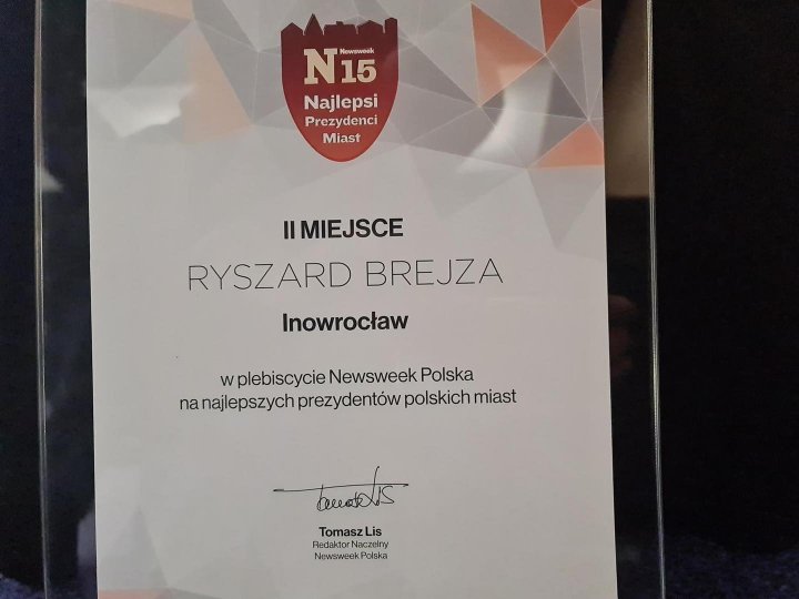 Może być zdjęciem przedstawiającym tekst „N15 Newsweek Najlepsi Prezydenci Miast |IMIEJSCE RYSZARD BREJZA Inowrocław w plebiscycieNewsweek wplebiscycieNewsweekPolska ewsweek Polska nanajlepszych prezydentów polskich miast toeeaklis TomaszLis Lis Redaktor Naczelny NewsweekPolska Polska”